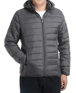 Men's Quilted Puffer Jacket With Detachable Hood In Gray