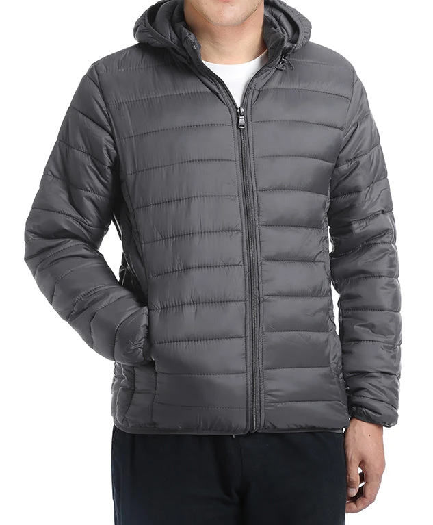 Men's Quilted Puffer Jacket With Detachable Hood In Gray 1 Men's Quilted Puffer Jacket With Detachable Hood In Gray