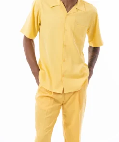 Men's 2 Piece Walking Suit Summer Short Sleeves In Canary Yellow -Gentri Store 696 CANARY1