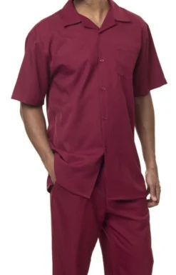 Men's 2 Piece Walking Suit Summer Short Sleeves In Burgundy