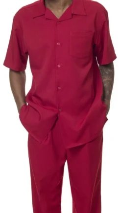 Men's 2 Piece Walking Suit Summer Short Sleeves In Red
