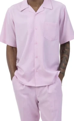 Men's 2 Piece Walking Suit Summer Short Sleeves In Pink