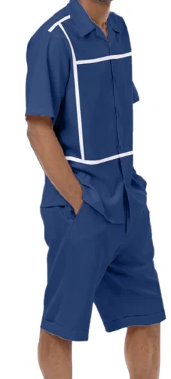 Navy Minimalist Line Design 2 Piece Short Sleeve Walking Suit With Shorts