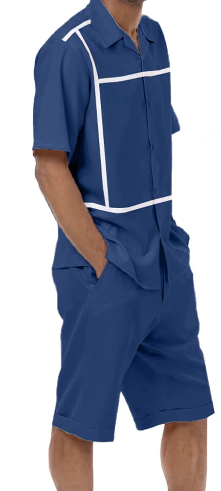 Navy Minimalist Line Design 2 Piece Short Sleeve Walking Suit With Shorts 1 Navy Minimalist Line Design 2 Piece Short Sleeve Walking Suit With Shorts