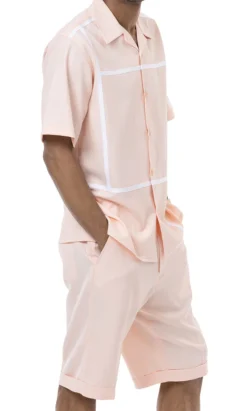 Peach Minimalist Line Design 2 Piece Short Sleeve Walking Suit With Shorts