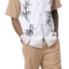 Tan Tropical Print 2 Piece Short Sleeve Walking Suit With Shorts