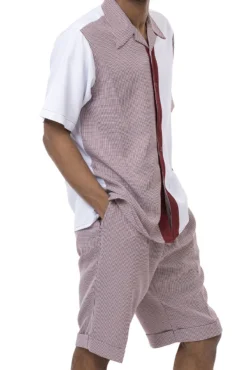 Burgundy Houndstooth 2 Piece Short Sleeve Walking Suit Set With Shorts