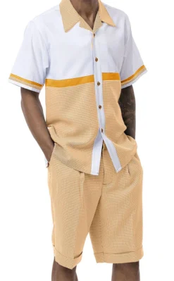 Gold 2 Piece Short Sleeve Walking Suit Set Horizontal Color Block With Shorts