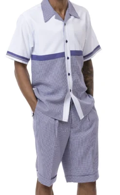 Purple 2 Piece Short Sleeve Walking Suit Set Horizontal Color Block With Shorts