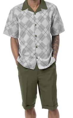 Olive 2 Piece Short Sleeve Walking Suit Argyle Pattern With Shorts