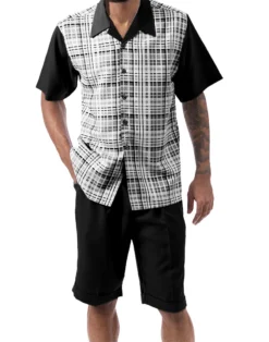 Black Plaid Walking Suit 2 Piece Short Sleeve Set With Shorts