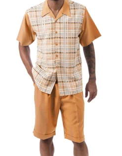 Cognac Plaid Walking Suit 2 Piece Short Sleeve Set With Shorts