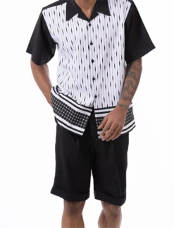 Black Abstract Design Walking Suit 2 Piece Short Sleeve Set With Shorts