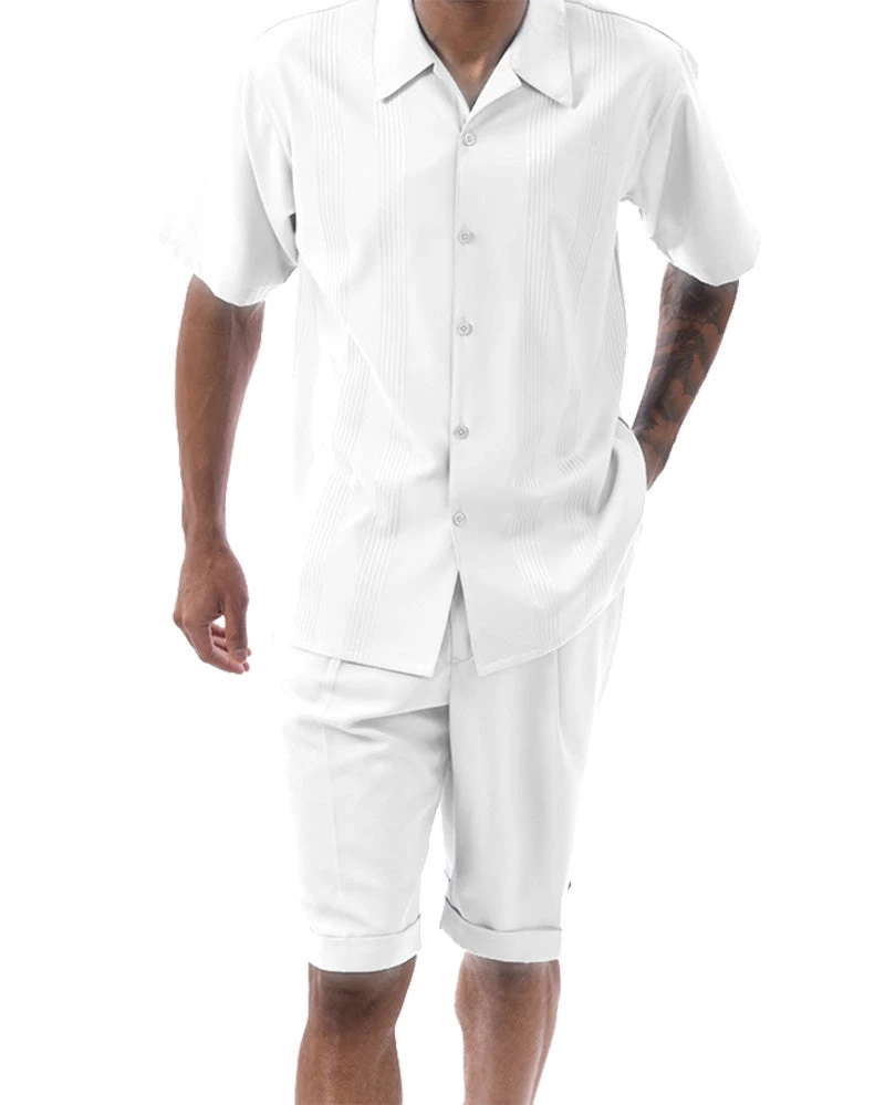 White Tone On Tone Vertical Stripes Walking Suit 2 Piece Short Sleeve Set With Shorts 1 White Tone On Tone Vertical Stripes Walking Suit 2 Piece Short Sleeve Set With Shorts