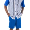 Cobalt Blue Symmetry Pattern Walking Suit 2 Piece Short Sleeve Set With Shorts