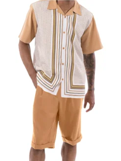 Cognac Symmetry Pattern Walking Suit 2 Piece Short Sleeve Set With Shorts