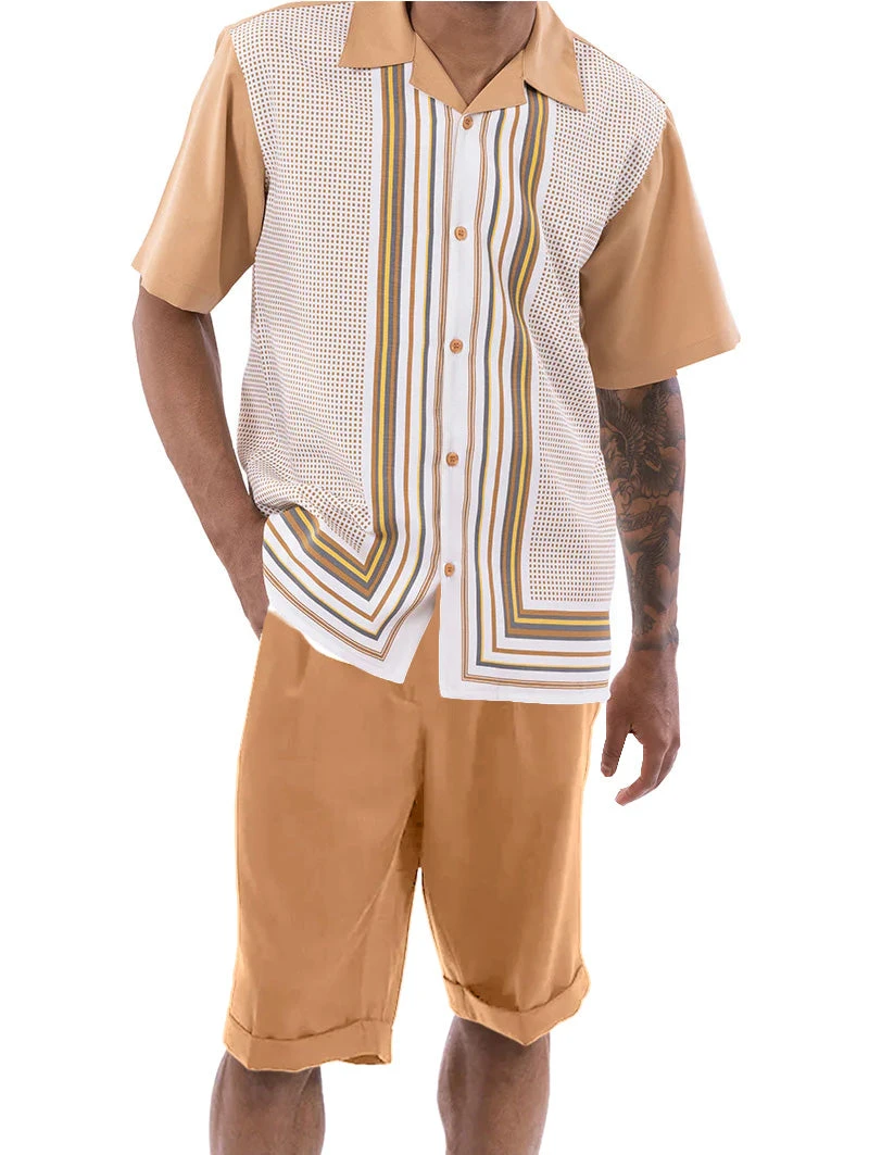 Cognac Symmetry Pattern Walking Suit 2 Piece Short Sleeve Set With Shorts 1 Cognac Symmetry Pattern Walking Suit 2 Piece Short Sleeve Set With Shorts
