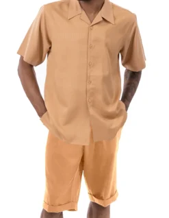 Tan Walking Suit Tone On Tone Vertical Stripes 2 Piece Short Sleeve Set With Shorts