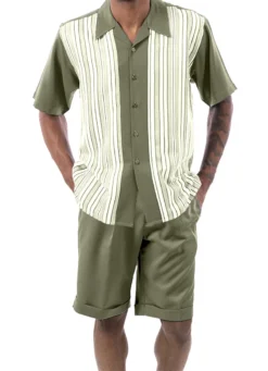 Olive Tone On Tone Stripes Walking Suit 2 Piece Short Sleeve Set With Shorts