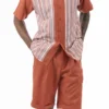 Papaya Tone On Tone Stripes Walking Suit 2 Piece Short Sleeve Set With Shorts