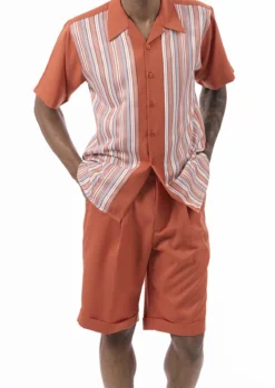 Papaya Tone On Tone Stripes Walking Suit 2 Piece Short Sleeve Set With Shorts