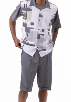 Gray Line Pattern Walking Suit 2 Piece Short Sleeve Set With Shorts