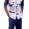 Navy Line Pattern Walking Suit 2 Piece Short Sleeve Set With Shorts