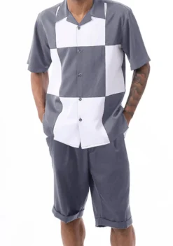 Gray Color Block Walking Suit 2 Piece Short Sleeve Set With Shorts