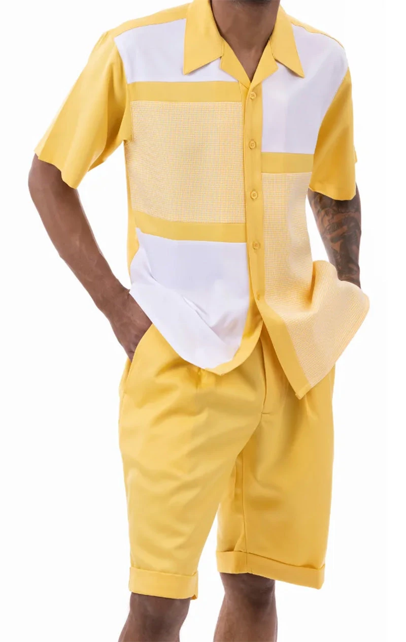 Canary Yellow Houndstooth Color Block Walking Suit 2 Piece Short Sleeve Set With Shorts 1 Canary Yellow Houndstooth Color Block Walking Suit 2 Piece Short Sleeve Set With Shorts