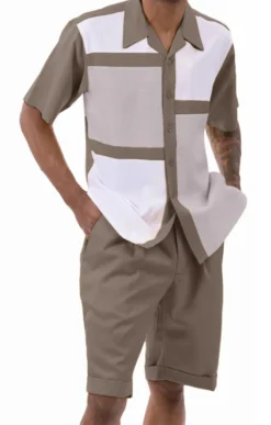 Olive Houndstooth Color Block Walking Suit 2 Piece Short Sleeve Set With Shorts