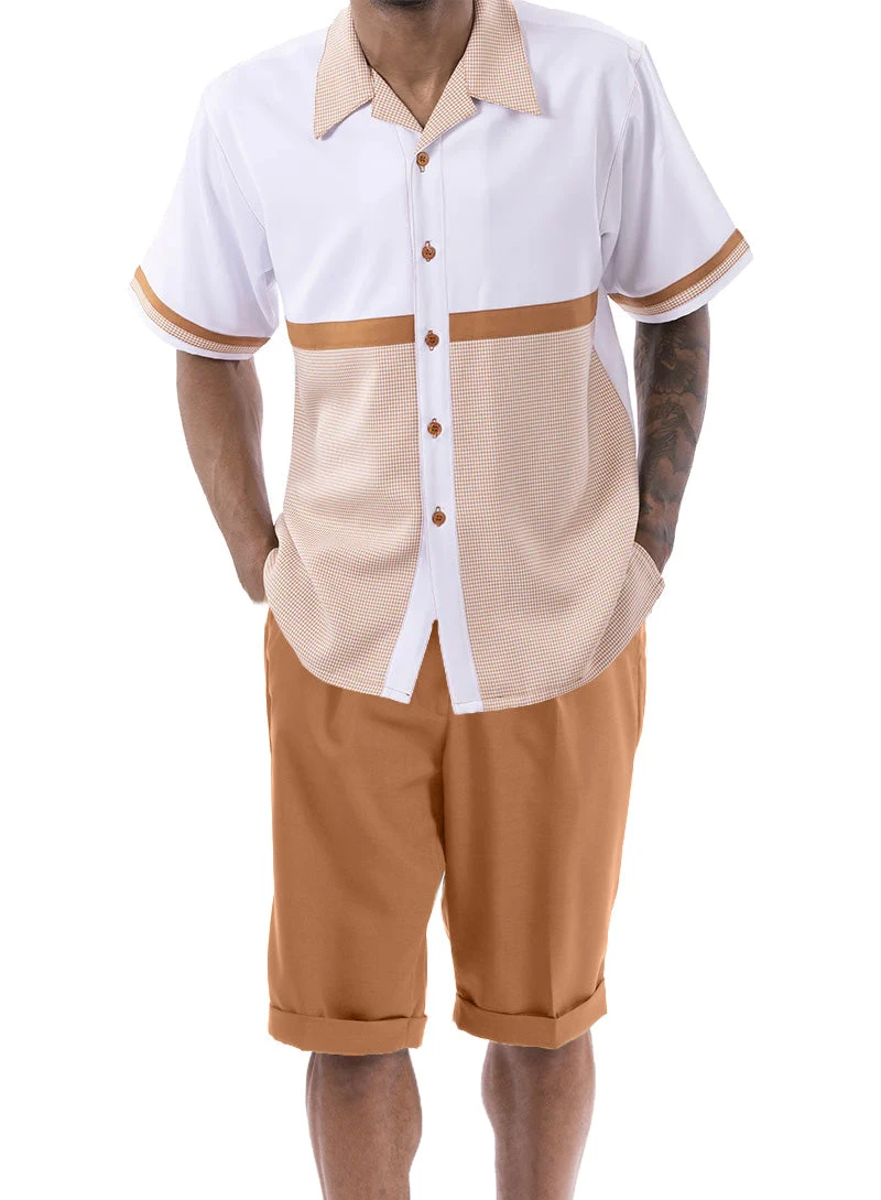 Cognac Houndstooth Color Block Walking Suit 2 Piece Short Sleeve Set With Shorts 1 Cognac Houndstooth Color Block Walking Suit 2 Piece Short Sleeve Set With Shorts