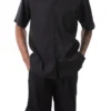 Black Tone On Tone Striped Walking Suit 2 Piece Short Sleeve Set With Shorts