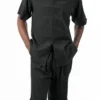 Black Tone On Tone Windowpane Walking Suit 2 Piece Short Sleeve Set With Shorts