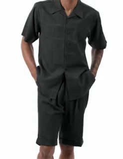 Black Tone On Tone Windowpane Walking Suit 2 Piece Short Sleeve Set With Shorts
