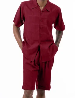 Burgundy Tone On Tone Windowpane Walking Suit 2 Piece Short Sleeve Set With Shorts