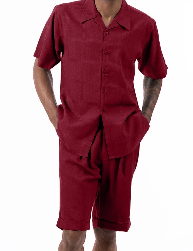 Burgundy Tone On Tone Windowpane Walking Suit 2 Piece Short Sleeve Set With Shorts 1 Burgundy Tone On Tone Windowpane Walking Suit 2 Piece Short Sleeve Set With Shorts