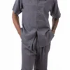 Gray Tone On Tone Windowpane Walking Suit 2 Piece Short Sleeve Set With Shorts