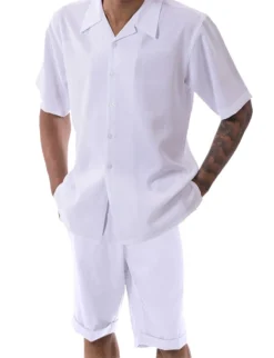 White Tone On Tone Windowpane Walking Suit 2 Piece Short Sleeve Set With Shorts