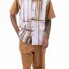 Cognac Gradient Color Stripe Design Walking Suit 2 Piece Short Sleeve Set With Shorts