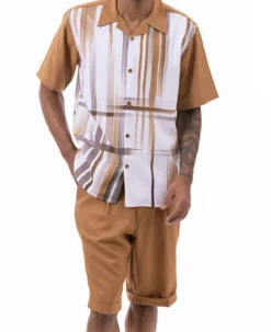Cognac Gradient Color Stripe Design Walking Suit 2 Piece Short Sleeve Set With Shorts