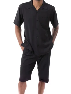 Black 2 Piece Short Sleeve Walking Suit Set With Elastic Waistband Shorts
