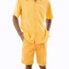 Gold 2 Piece Short Sleeve Walking Suit Set With Elastic Waistband Shorts