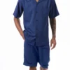Navy 2 Piece Short Sleeve Walking Suit Set With Elastic Waistband Shorts