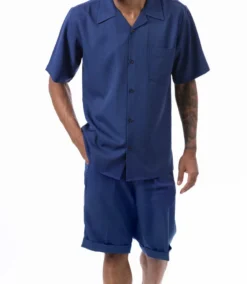 Navy 2 Piece Short Sleeve Walking Suit Set With Elastic Waistband Shorts