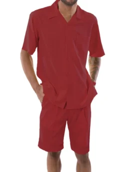 Red 2 Piece Short Sleeve Walking Suit Set With Elastic Waistband Shorts