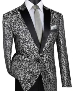 Silver Regular Fit Floral Pattern Jacket Peak Lapel