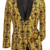 Gold Regular Fit Embossed Damask Print Velvet Jacket Shawl Lapel