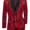 Red Regular Fit Embossed Damask Print Velvet Jacket Shawl Lapel