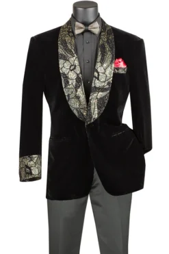 Black Regular Fit Velvet Jacket With Wide Shawl Lapel And Cuffs