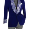 Blue Regular Fit Velvet Jacket With Wide Shawl Lapel And Cuffs